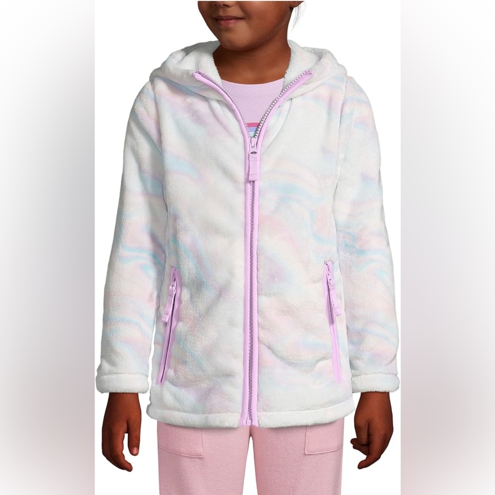 Lands' End • Girls Kids Softest Fleece White Pink Swirl Hooded Jacket M (8) NWOT - Picture 2 of 11
